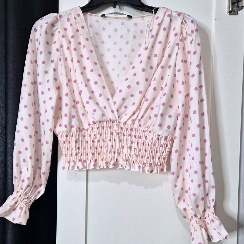 Zara Womens Polkaโ Dot V-Neck Smocked Waist Crop Blouse Pink Cream XS